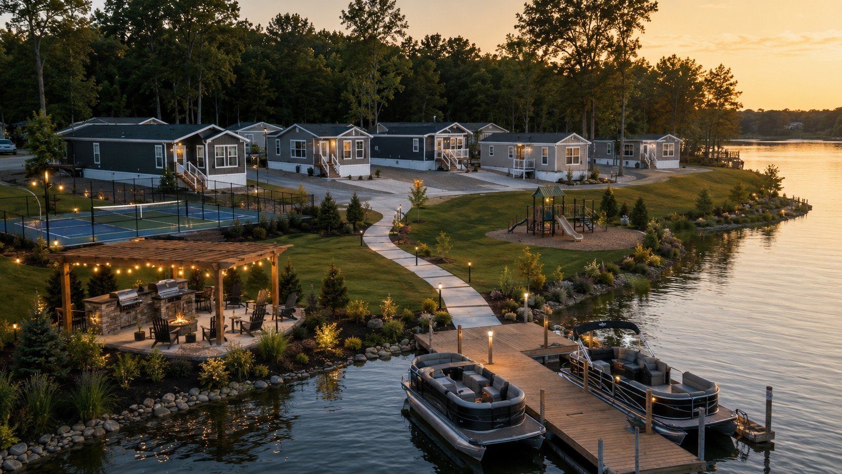 The Haven at Pretty Lake waterfront community at golden hour