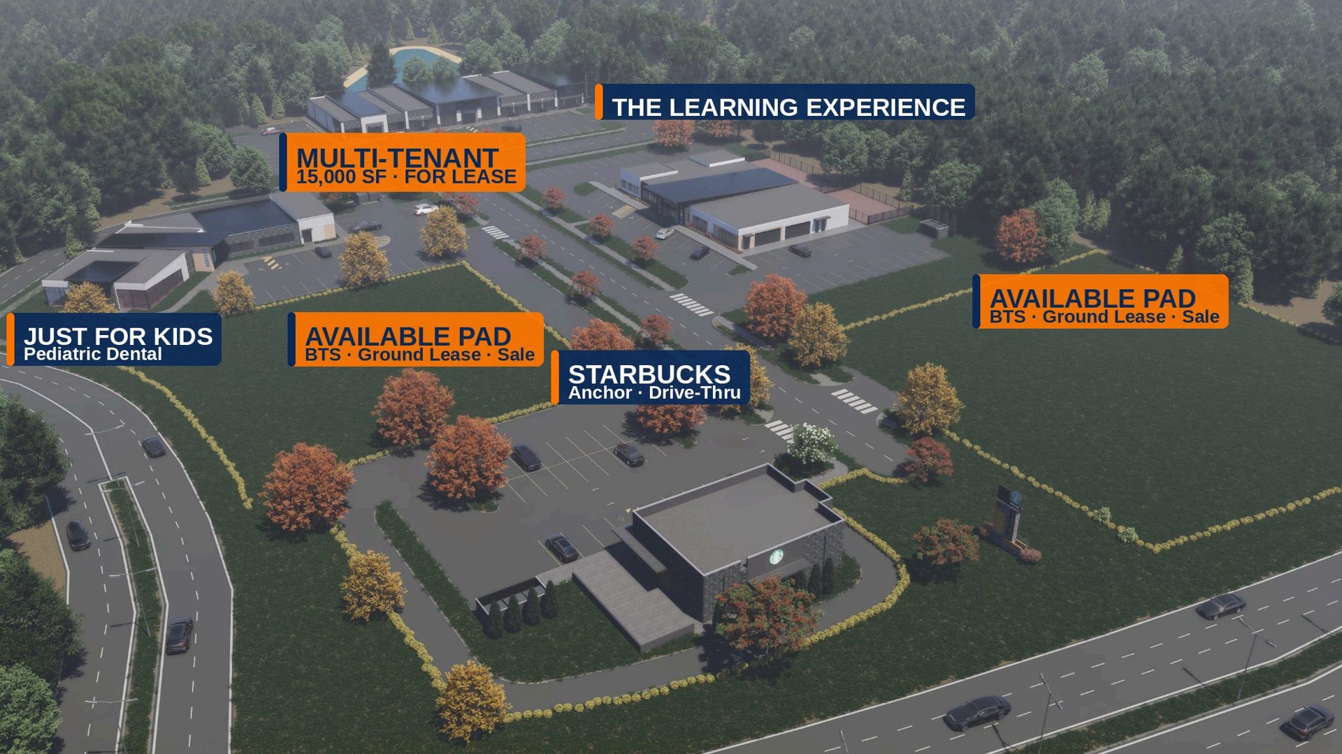 Labeled aerial of The Shops at Copper Creek showing Starbucks, The Learning Experience, Just For Kids, and available pads